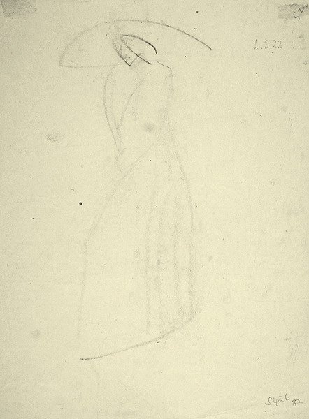 Stående kvinne med stor hatt (svart kritt på papir) av Henri Gaudier Brzeska