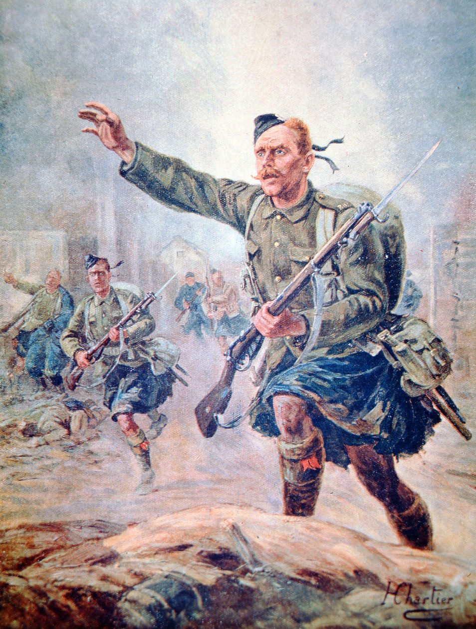 Scots Highlander iført kilt i kamp på vestfronten (farge litho) av Henri Georges Jacques (after) Chartier