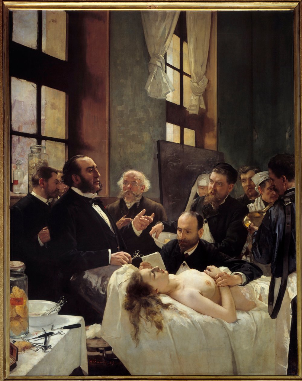 Dr. Jules Emile (Jules-Emile) Pean (1830-1898) underviste ved Saint Louis-sykehuset sin oppdagelse av at skip klemte seg eller "" Før operasjonen"" Maleri av Henri Gervex (1852-1929) 1887 Søn. 2,42x1,88 m Paris, musee d