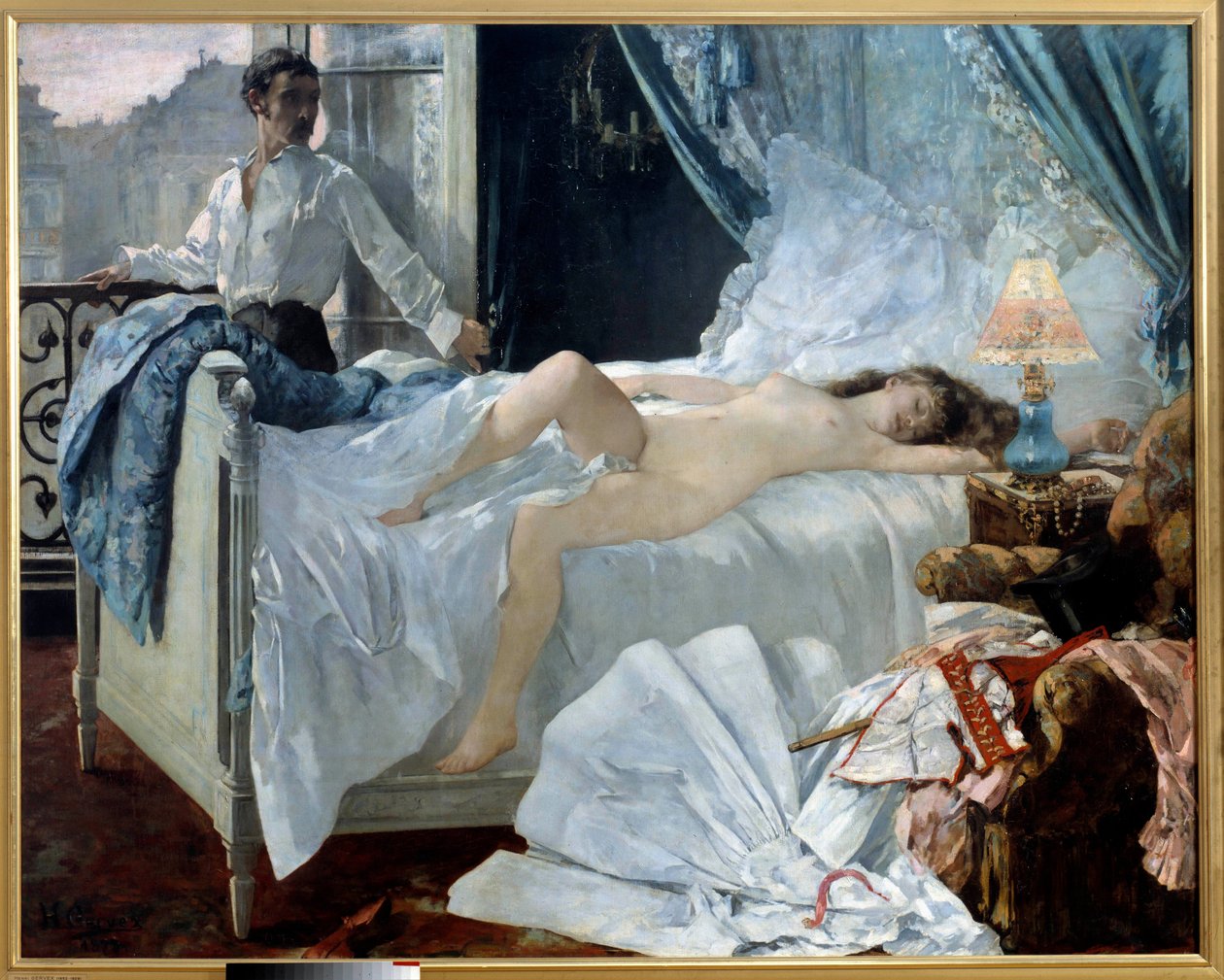Rolla. Et par på et soverom, kvinnen sover naken og mannen ser på henne ved vinduet. Maleri av Henri Gervex (1852 - 1929). 1878. Dim. 1,75 x 2,20 m Musee des Beaux Arts de Bordeaux - Rolla. Et par på et soverom, kvinnen sover og na av Henri Gervex