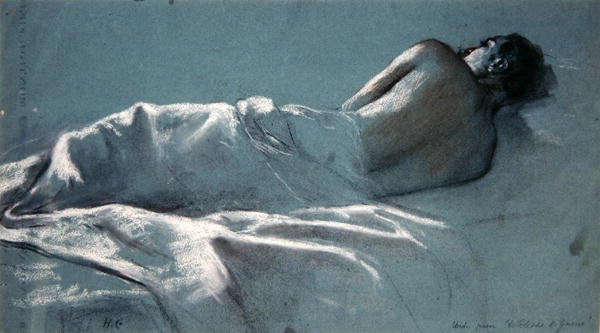 Studie for Le Blesse de Guerre (kull med rødt og hvitt kritt på blått papir) av Henri Gervex