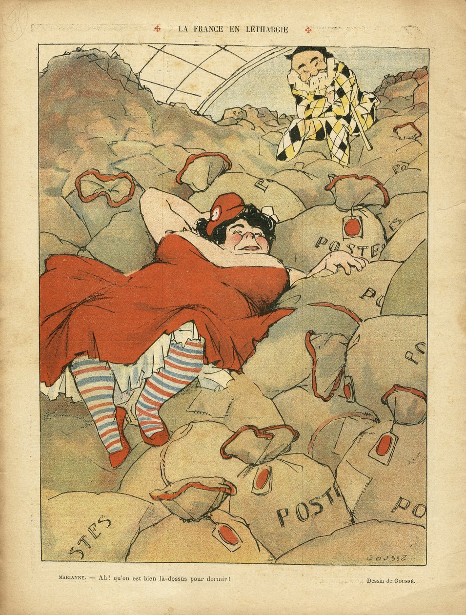 Illustrasjon av Henri Gousse (1872-1914) i Le Rire, 03/04/09 - La France en lethargie - Social, Greve, Courrier La Poste Postal - Clemenceau George, Marianne av Henri Gousse