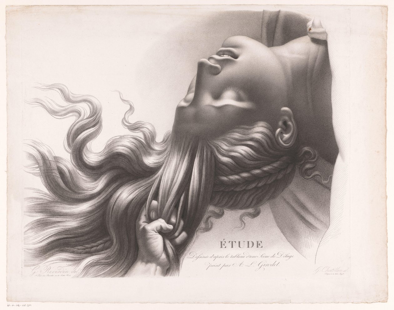 Hodet til en ung kvinne som blir trukket av håret Étude dessinée d'après le tableau d'une Scène de Déluge peint par AL Girodet (tittel på objekt) av Henri Guillaume Chatillon