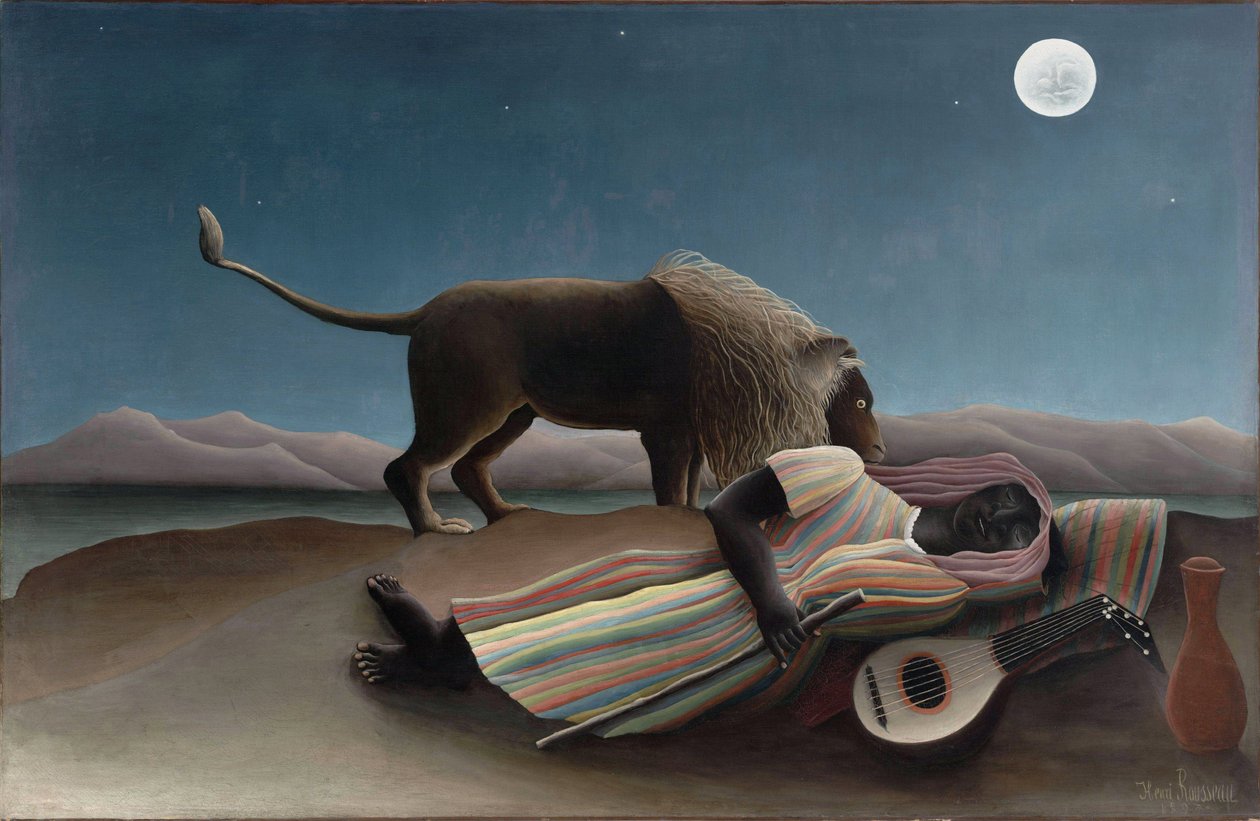 ""The Sleeping Gypsy"" Maleri av Henry Rousseau kjent som Douanier Rousseau (1844-1910) 1897 Dim. 129,5x200,7 cm New York, Museum of Modern Art av Henri J.F. Rousseau