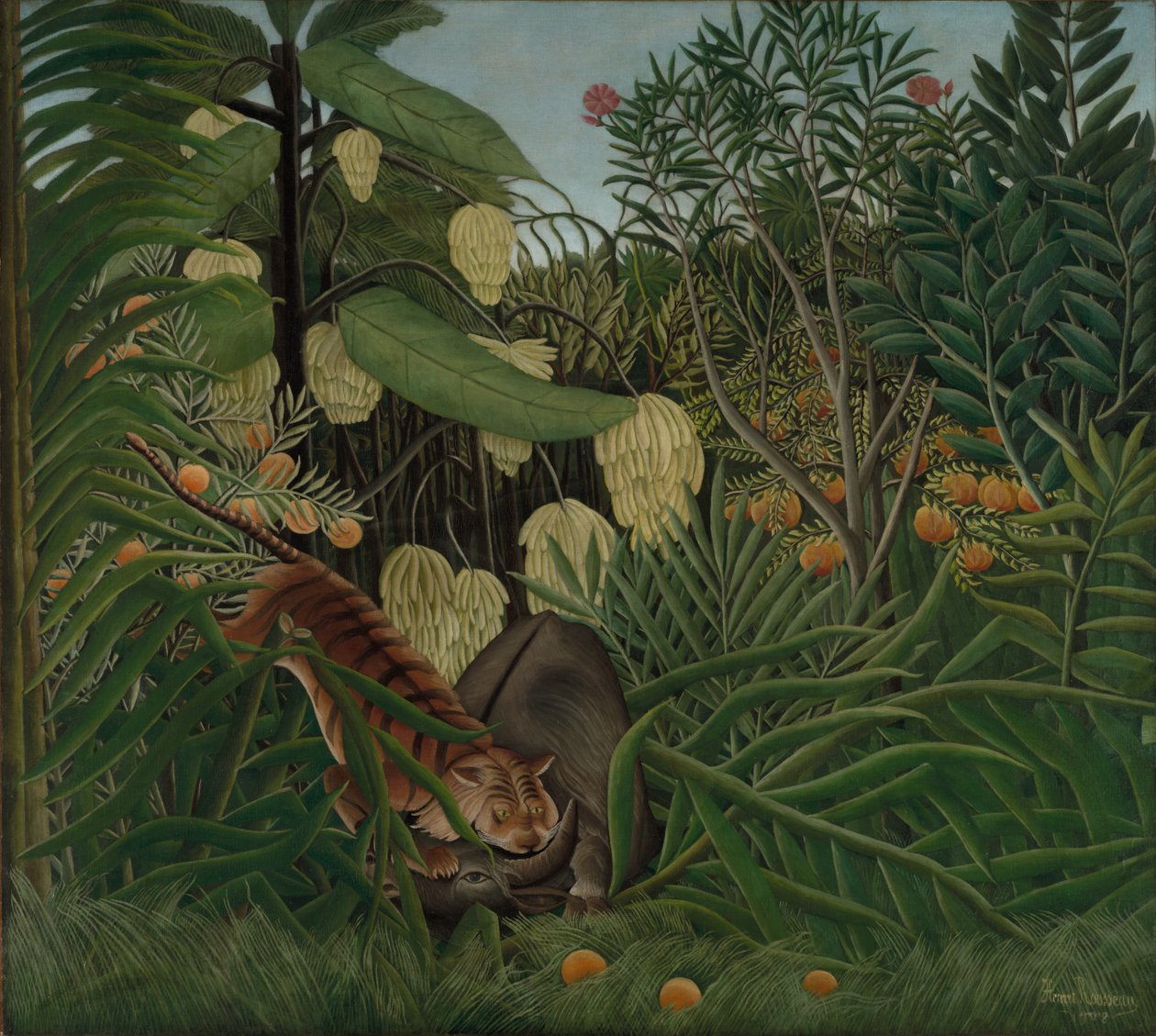 Kamp mellom en tiger og en bøffel, 1908 av Henri J.F. Rousseau