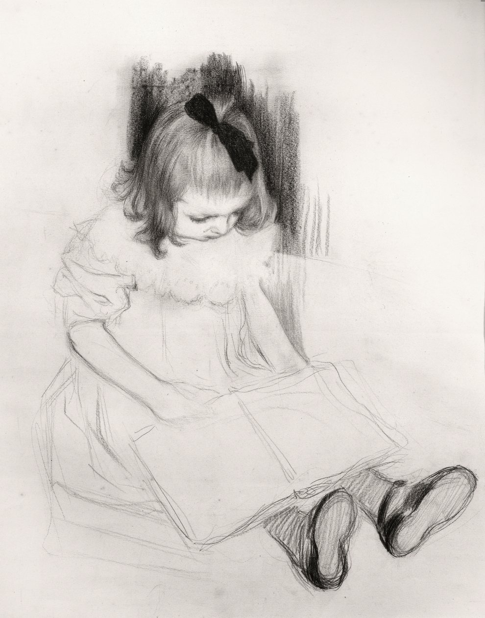 Jente leser (fargestift på papir) av Henri Jacques Edouard Evenepoel