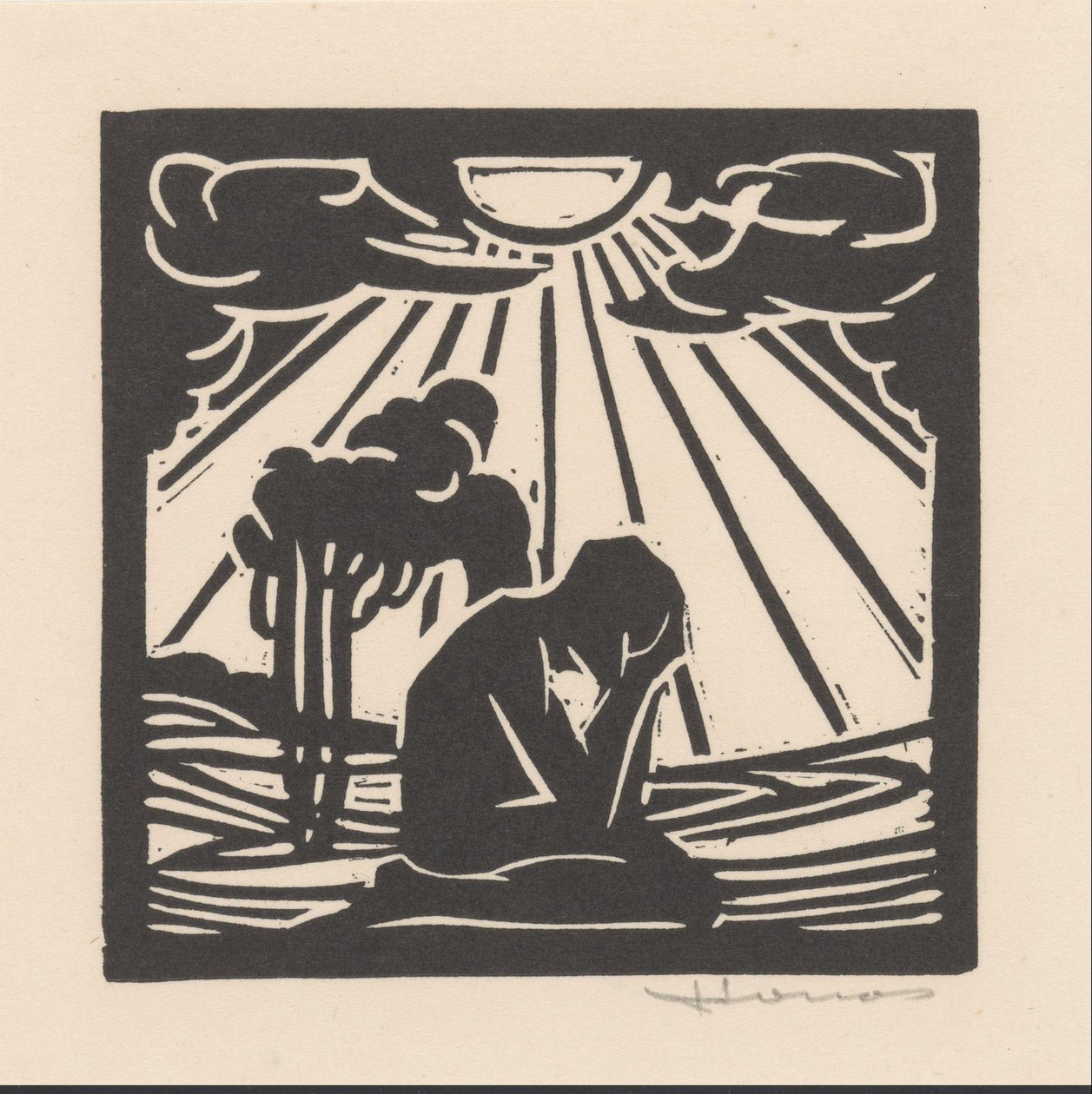 Knælende figur i et landskap med trær av Henri Jonas (signed by artist)