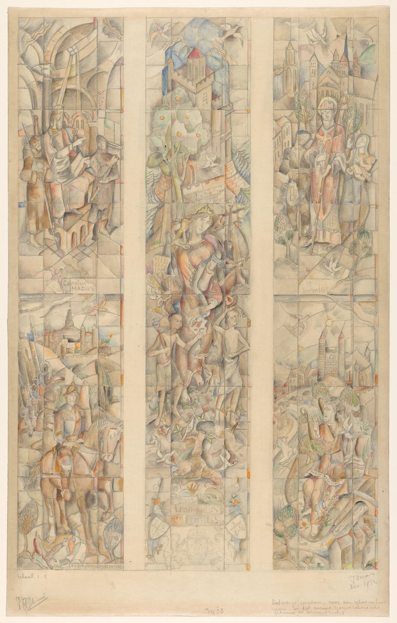 Designkartong for et glassmaleri, i den nye regjeringsbygningen i Maastricht (originaltittel på objektet) av Henri Jonas (signed by artist)