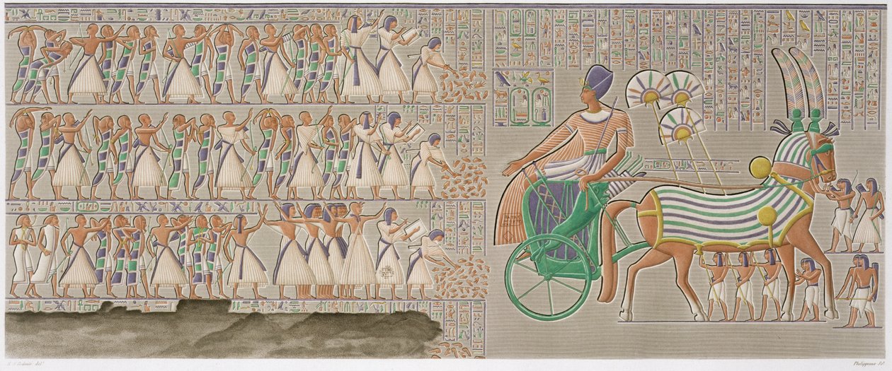 Fargede bunnrelieffer fra det sørlige galleriet til palassets peristyl, plate 12 fra bind II av `Descriptions of Egypt`, gravert av Antoine Phelippeaux (f.1767) 1822 (akvatint) av Henri Joseph (after) Redoute