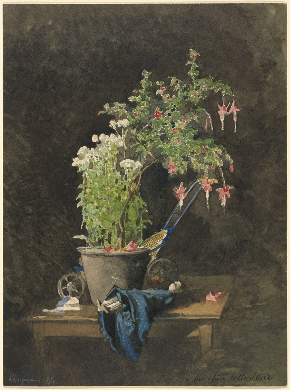 En Fuchsia i potte med barneleker av Henri Joseph Harpignies