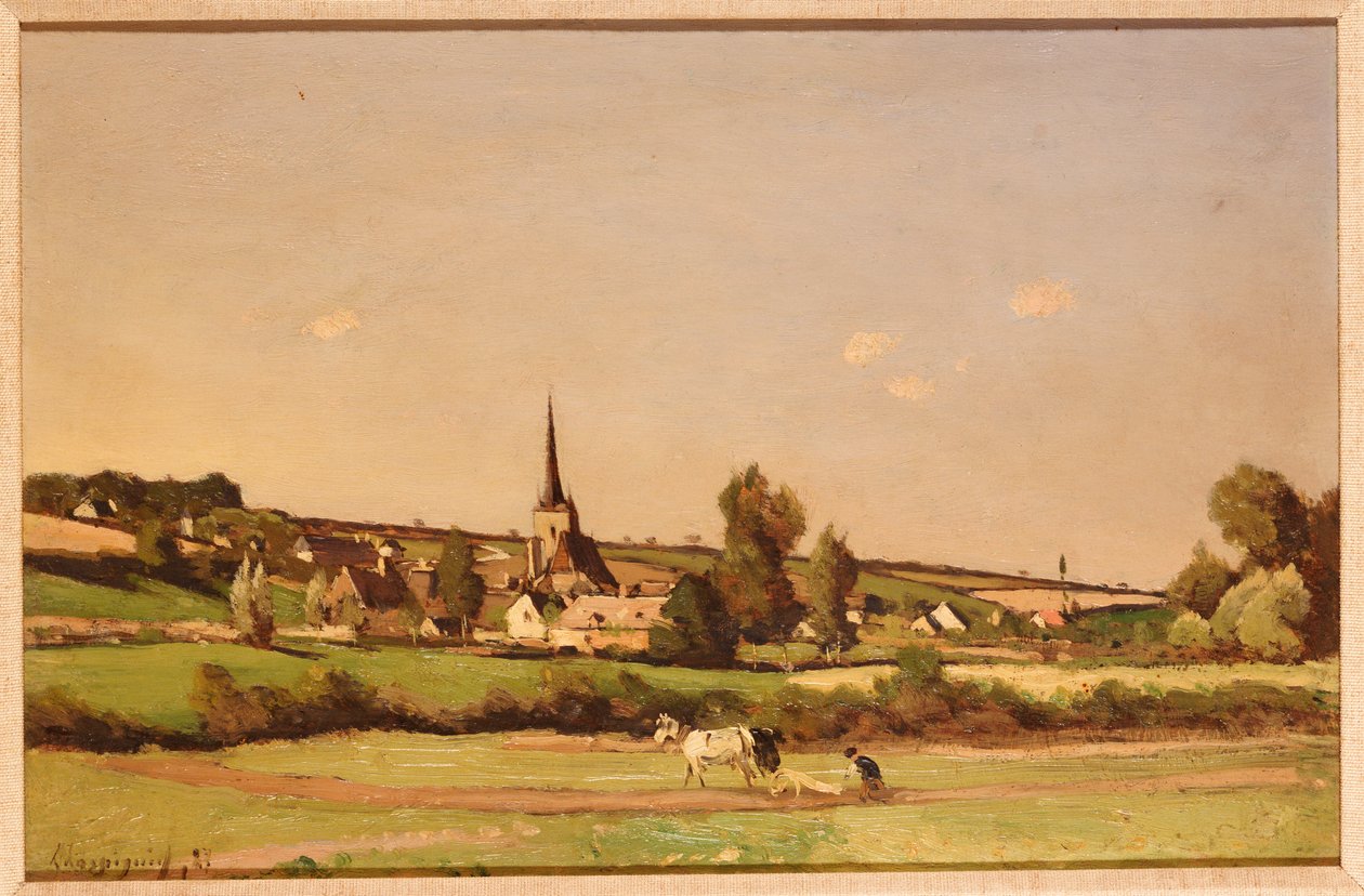 Et omfattende landskap med en plogmann og en landsby utenfor av Henri Joseph Harpignies