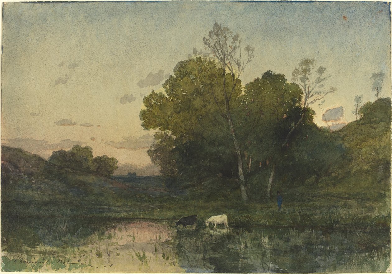 Kveldslys på en skogkledd innsjø med storfedrikking av Henri Joseph Harpignies