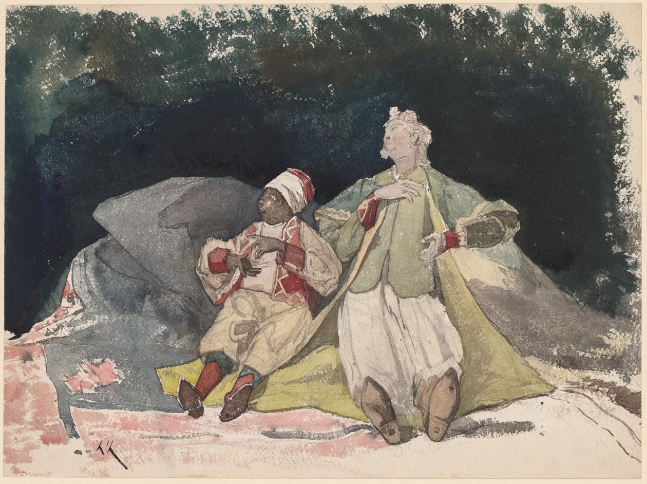 To dukker eller dukker som sitter på puter av Henri Joseph Harpignies