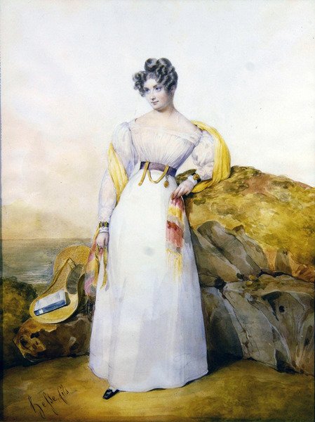 Portrett av en dame i et landskap (akvarell og gouache på vellum) av Henri Joseph Hesse