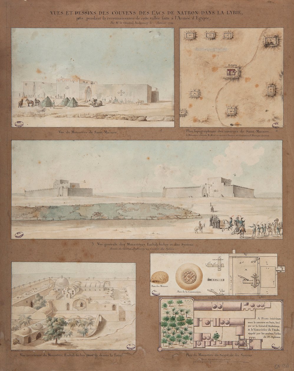 Seks utsikter og tegninger av Lake Natron i Libya, laget under rekognoseringsoppdraget til den egyptiske hæren ledet av general Andreossy, 1799 (penn, blekk og wc på papir) av Pierre Joseph Redouté