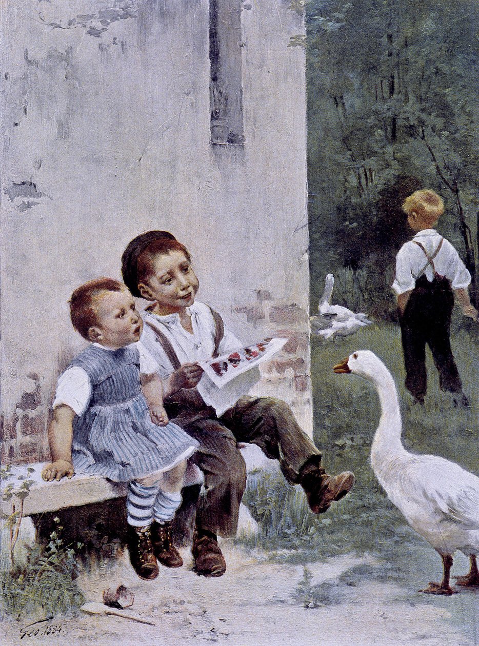 Utdanning: barn som leser og gås ser på dem - syk. av Geoffroy, i "" Figaro Illustré""", mai 1901 av Henri Jules Jean Geoffroy