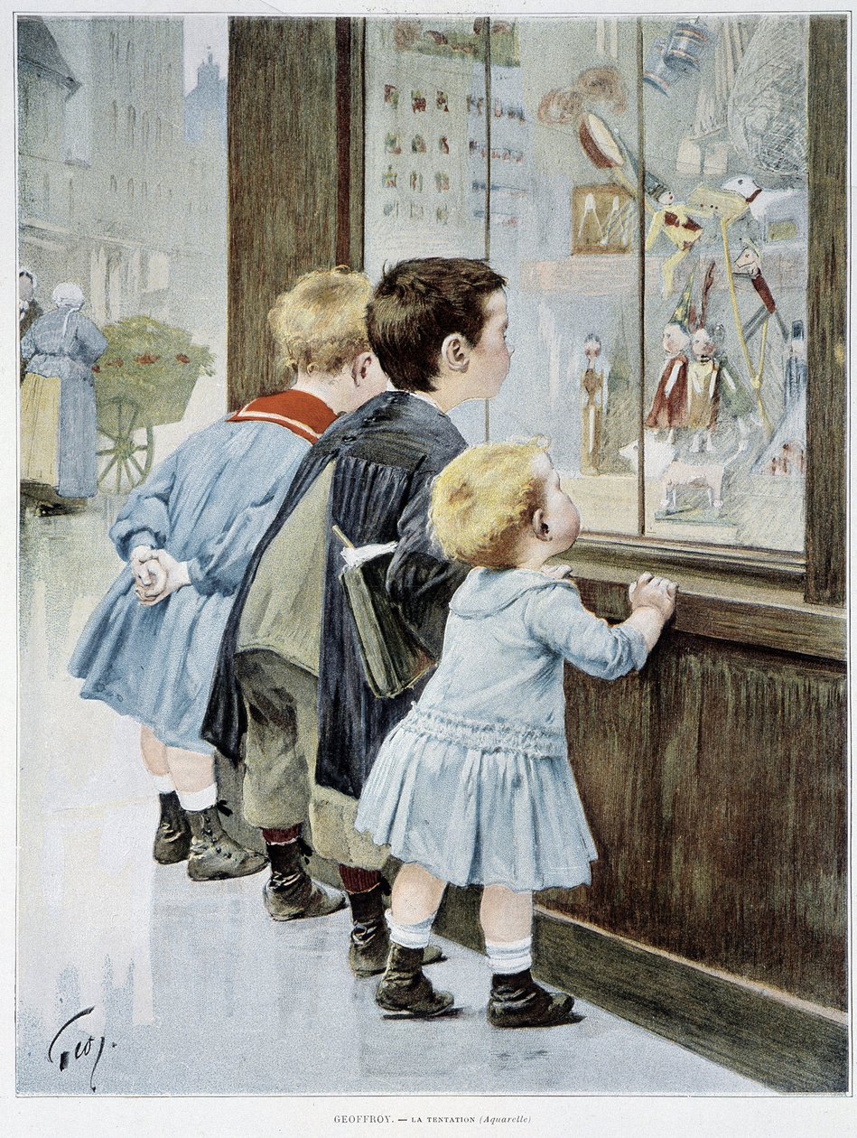 La Temptation: Barn foran et utstillingsvindu ser på leker - syk. av Geoffroy, i "" Figaro illustrert""" av Henri Jules Jean Geoffroy