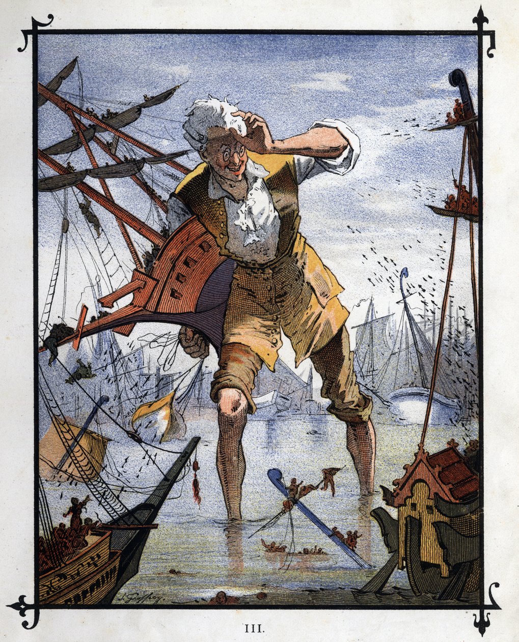 Lemuel Gulliver i sentrum av et sjøslag mellom skipene Lilliput og Blefuscu. Illustrasjon for "" Gulliver