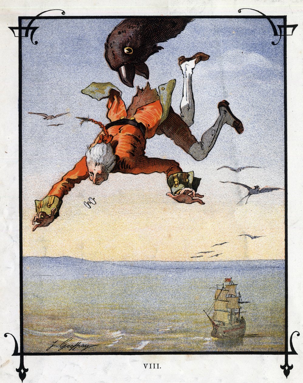 Lemuel Gulliver is carried away by an eagle. Illustration for “” Gulliver