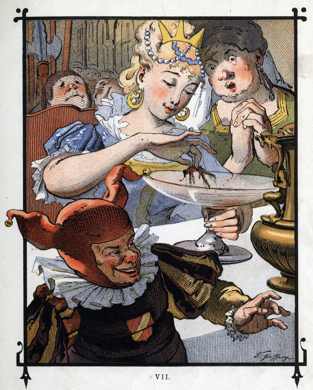 Lemuel Gulliver er malt på nytt av et fat der han ble falt av dronningen av Brobdingnag. Illustrasjon for "" Gulliver
