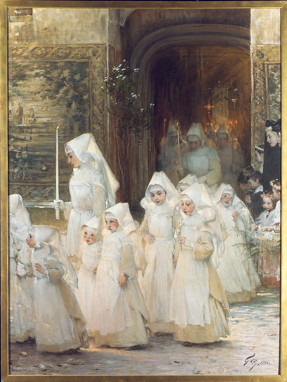 Prosesjon av unge jenter på konfirmasjonsdagen, L"hopital de Beaune, 1906 av Henri Jules Jean Geoffroy
