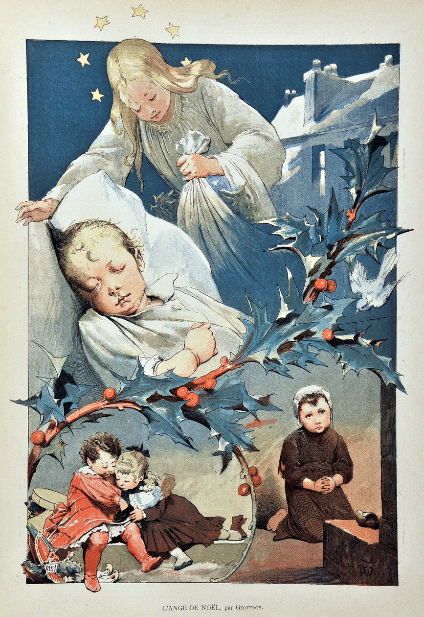 The angel of Christmas. Illustration by Jean GEOFFROY (1853-1924) Engraving of 1887 in “” Paris-Illustrous journal weekly””. av Henri Jules Jean Geoffroy