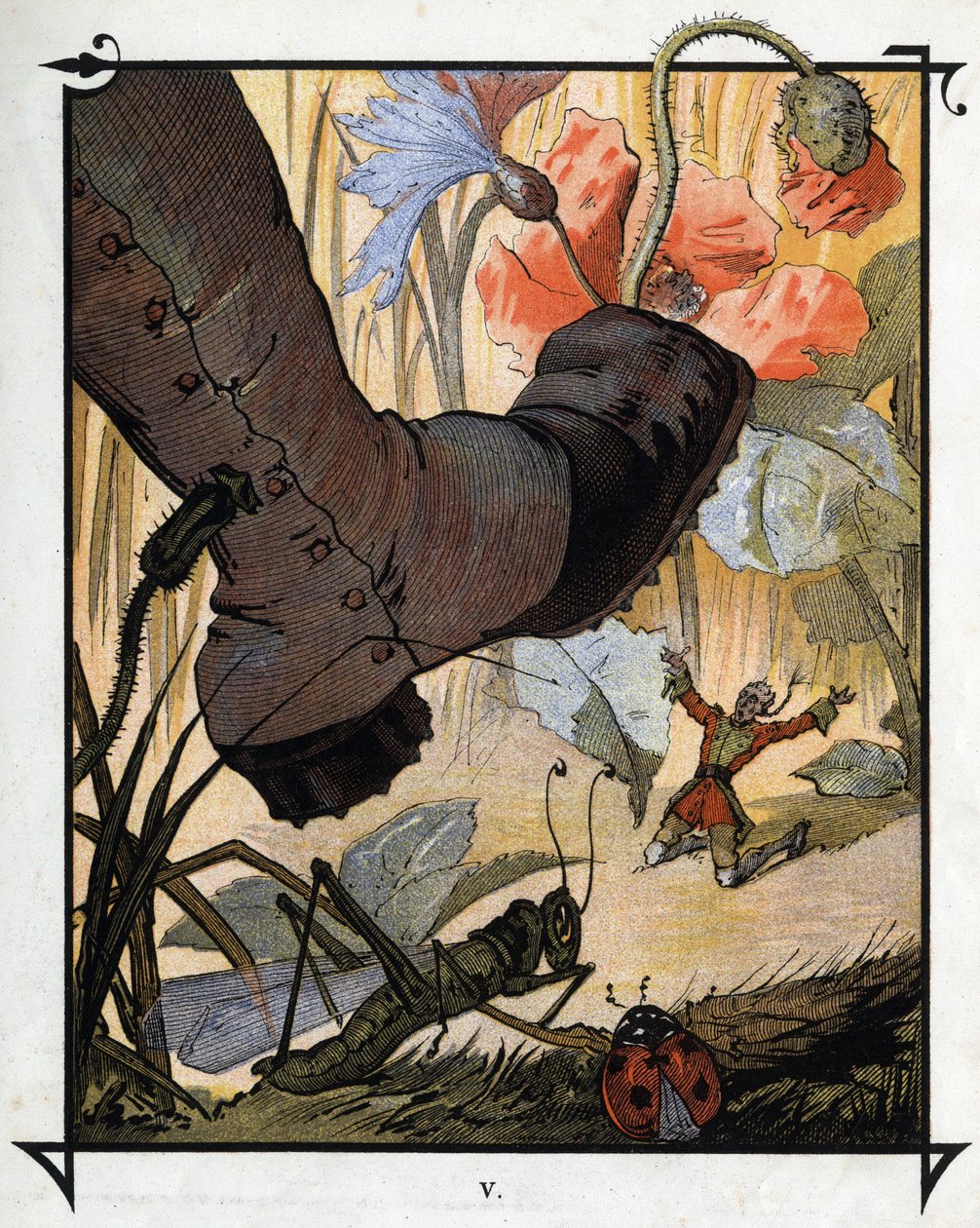 The gigantic foot of a resident of Brobdingnag fails to crush Lemuel Gulliver in the tall grass. Illustration for “” Gulliver