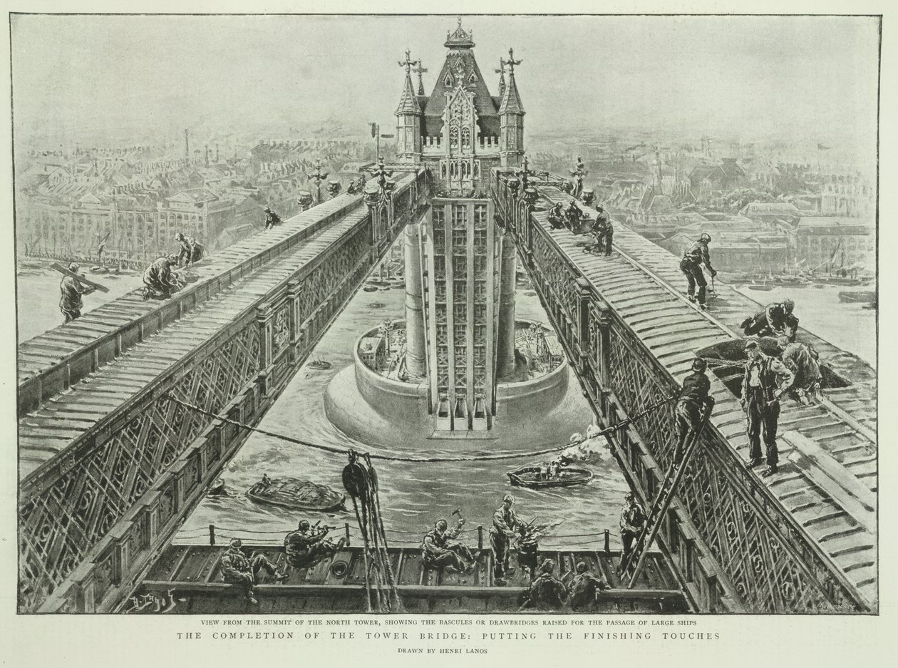 Fullførelsen av Tower Bridge: sette siste hånd, fra The Graphic, 23. juni 1894 (gravering) av Henri Lanos