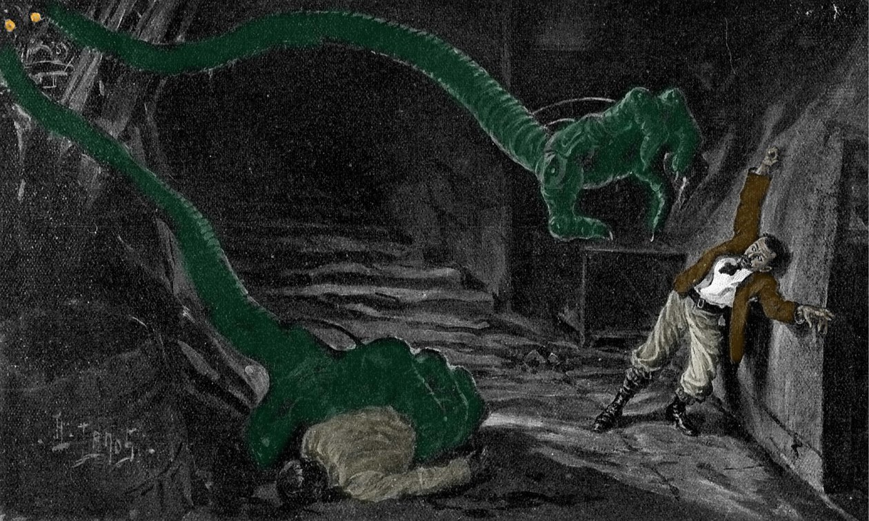 Romanen "The War of the Worlds" av H. G. Wells (Herbert George) (1866-1946). Illustrasjon av H. Lanos. Begynnelsen av århundret. av Henri Lanos