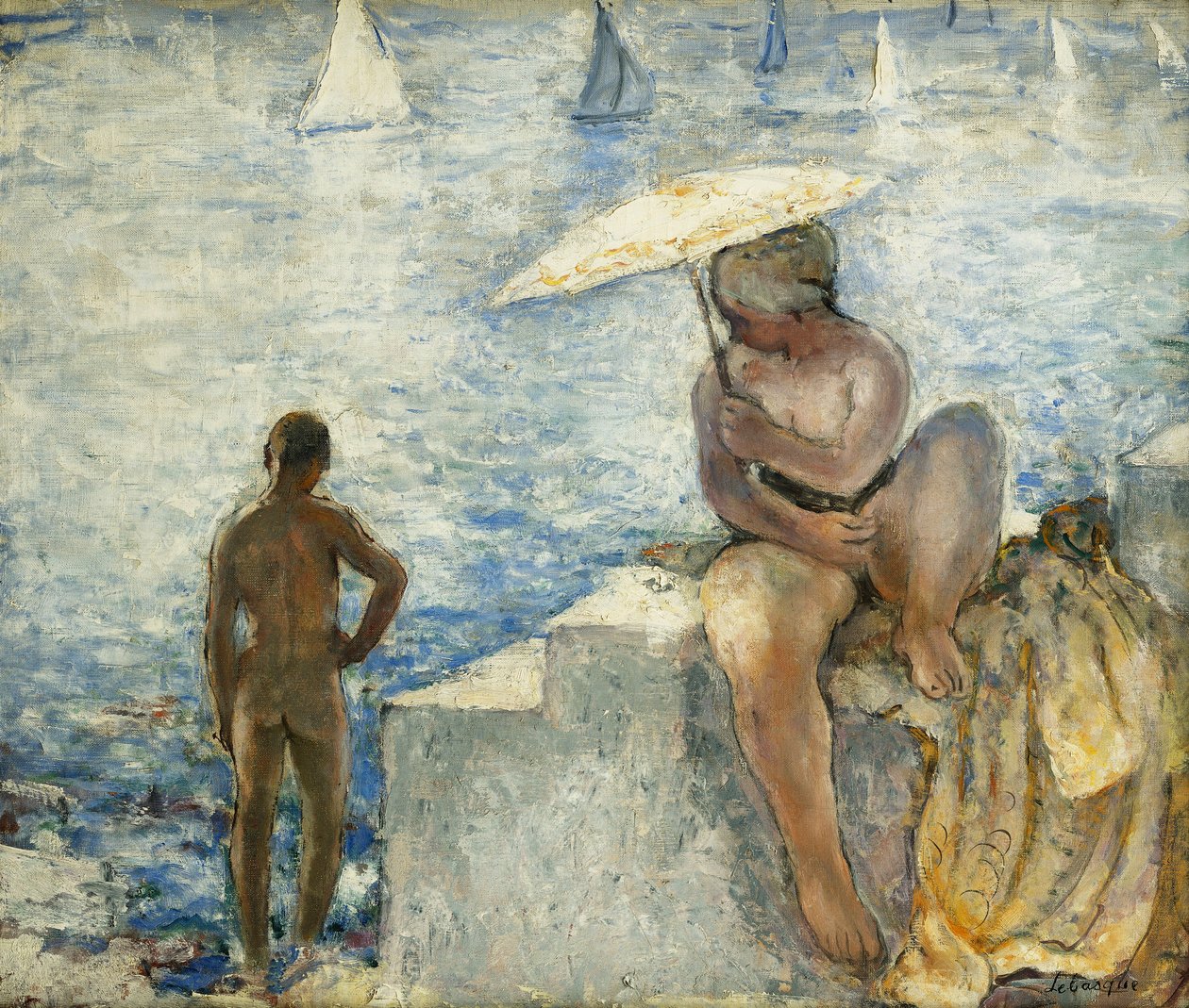 En ung svømmer med en parasoll; Den unge baderen med en parasoll, ca. 1925-1930 av Henri Lebasque