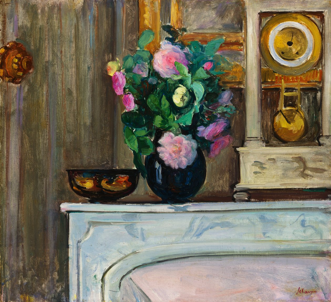 Bukett med blomster på peisen, 1920 av Henri Lebasque