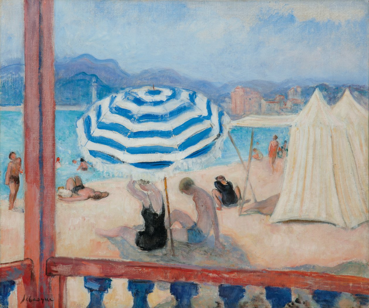 Stokker, blå parasoll og telt; Stokker, blå parasoll og telt, av Henri Lebasque