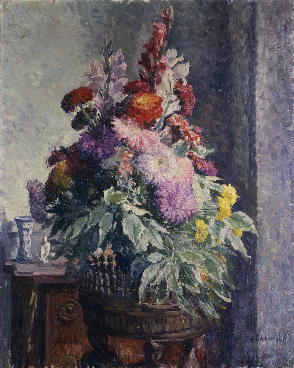 Interiør med blomsterbukett; Interiør med en bukett blomster, av Henri Lebasque