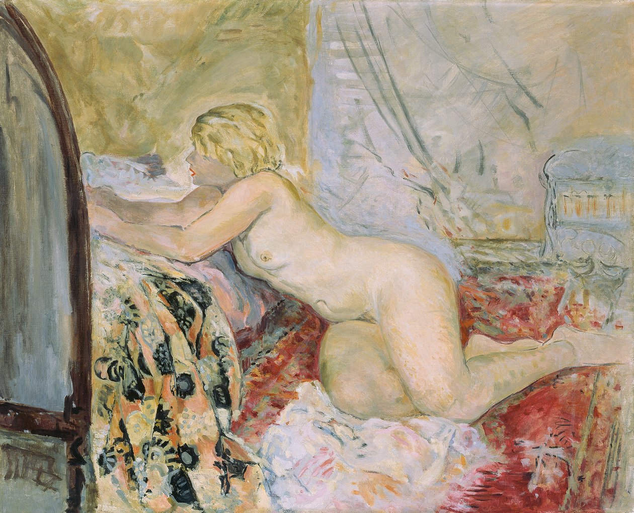 Naken liggende mot en seng, av Henri Lebasque