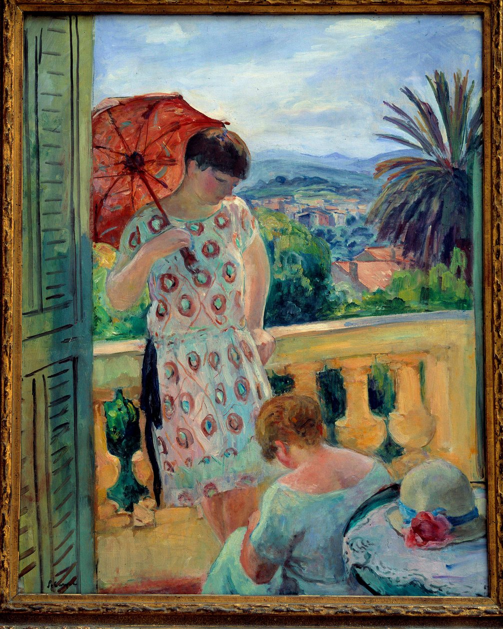 To kvinner på en balkong eller på balkongen, med utsikt over Esterel. Maleri av Henri Lebasque (1865-1937) 1925-1926, olje på lerret, 92,5 × 65 cm. Lyon, musee des Beaux Arts - To kvinner på en balkong eller balkong med utsikt over Esterel. Maleri Henri Le av Henri Lebasque