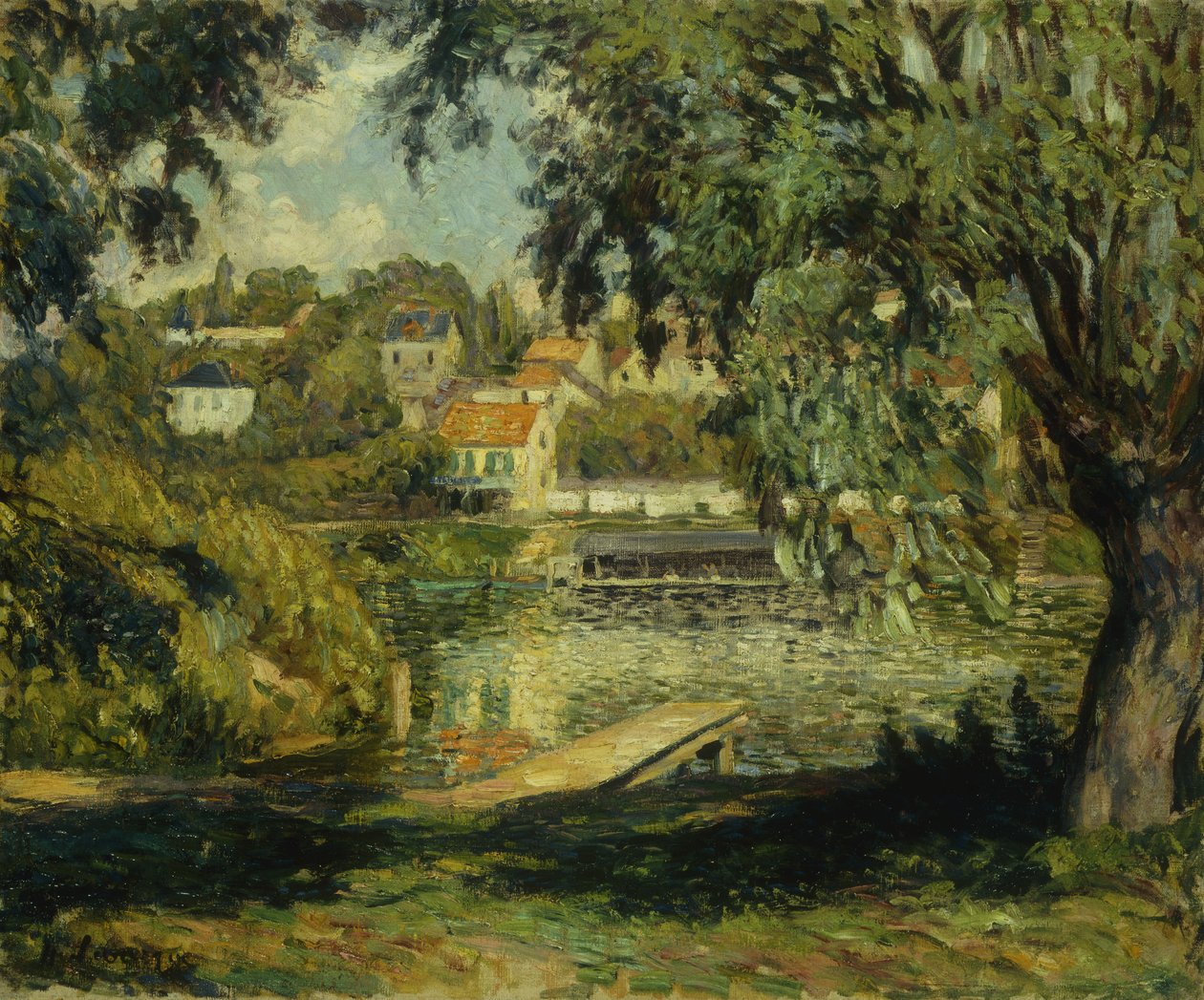 Landsby ved bredden av elven; Village au Bord de la Riviere, ca. 1900 av Henri Lebasque
