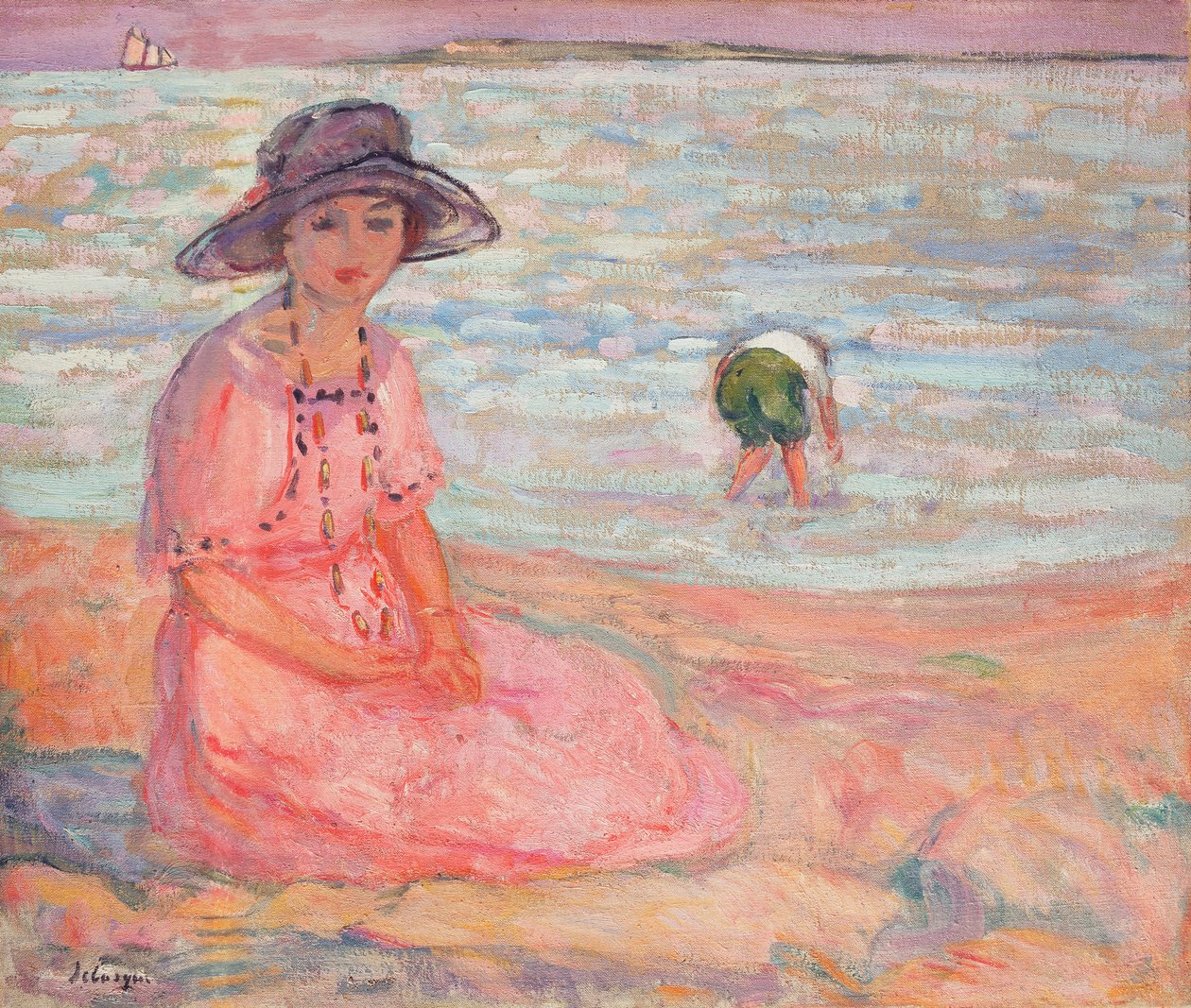 Kvinne i den rosa kjolen ved havet; Femme a la Robe Rose au bord de la Mer, ca. 1920 av Henri Lebasque