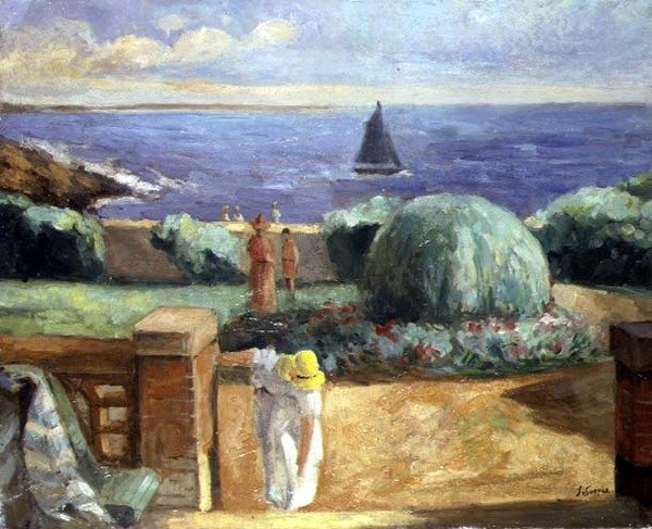Kvinne på terrassen ved Prefailles av Henri Lebasque