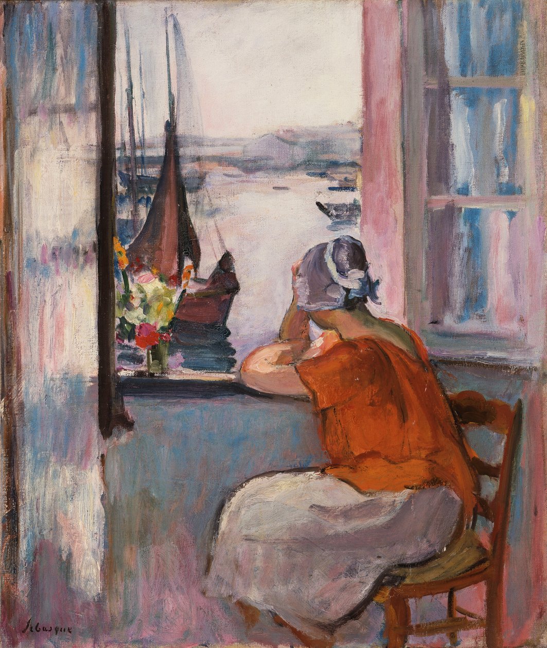 Ung jente ved vinduet overfor øya Yeu, av Henri Lebasque
