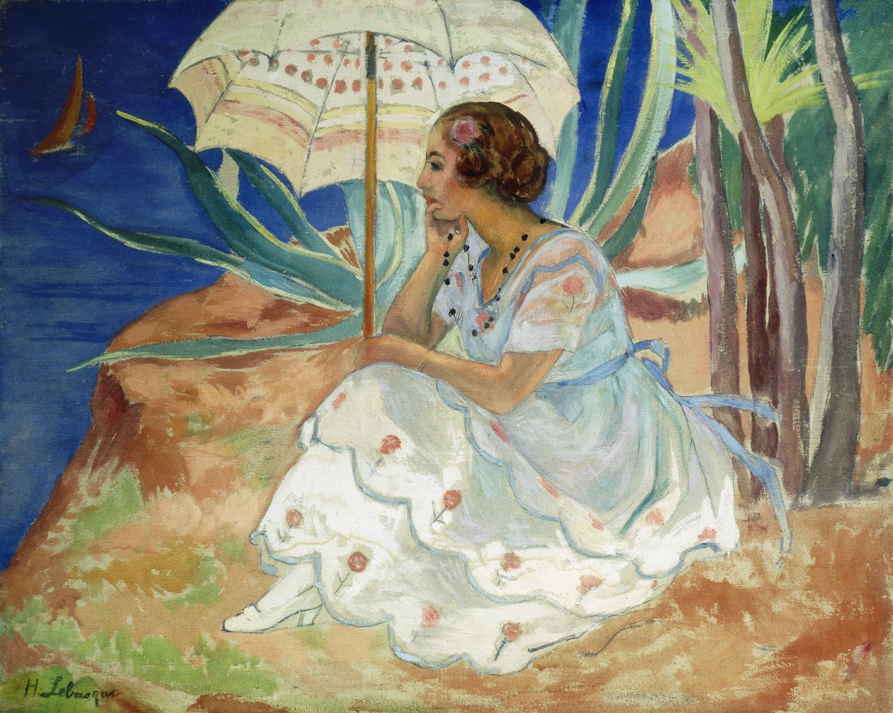 Ung kvinne med en paraply, Saint Maxime; Ung jente med en Saint-Maxime-parasoll, ca. 1918 av Henri Lebasque