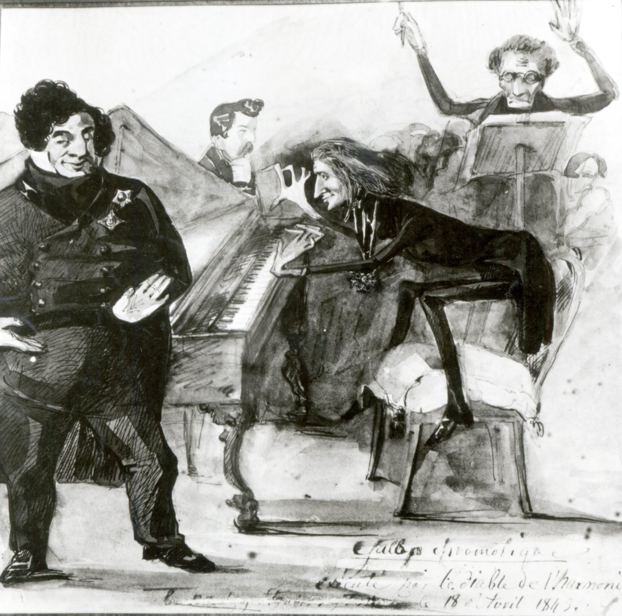 Galop Chromatique Caricature of Luigi Lablache, Franz Liszt (1811-86) ved pianoet og Francois Habeneck av Henri Lehmann