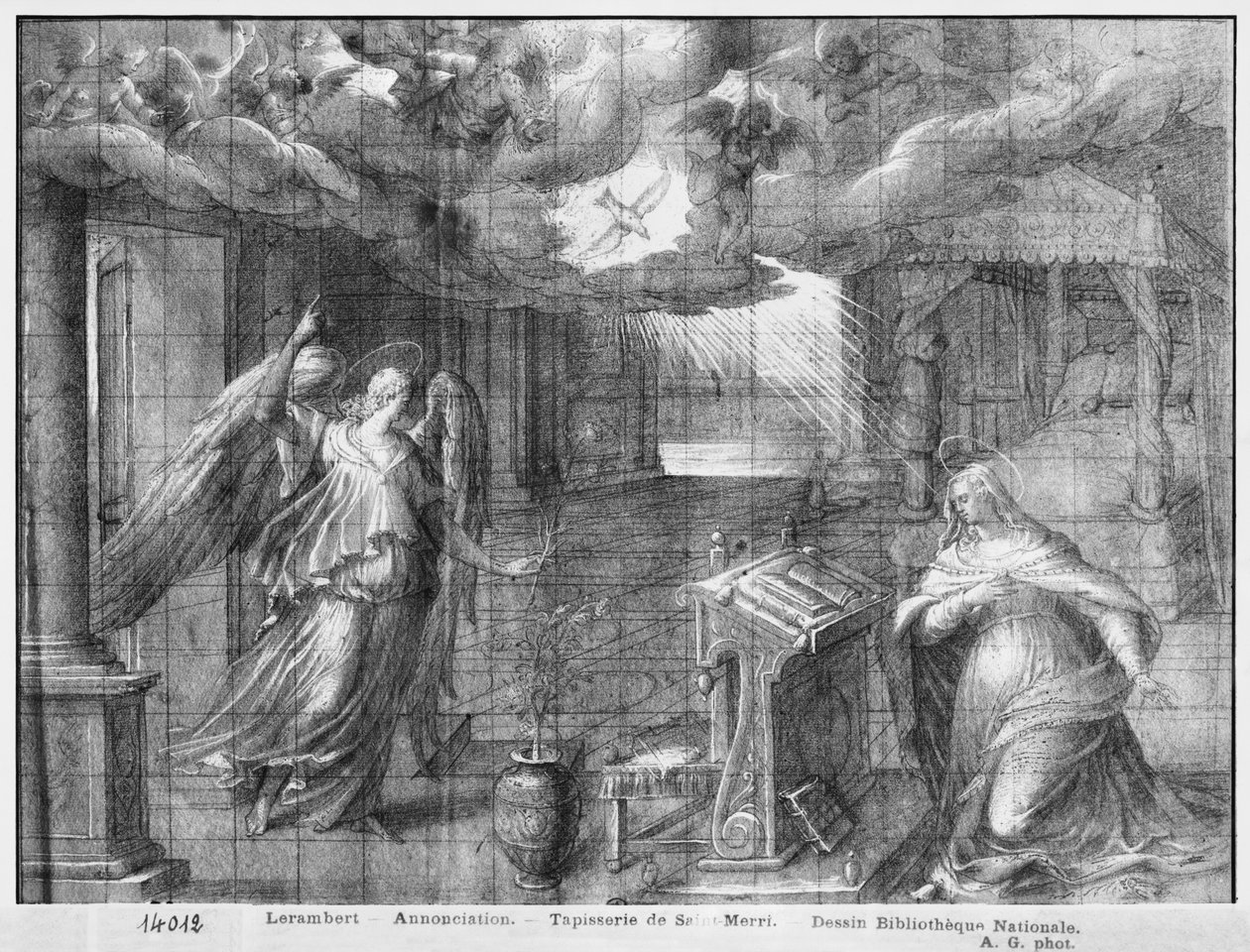 Life of Christ, Annunciation, forberedende studie av billedvev tegneserie for Church Saint-Merri i Paris, ca. 1585-90 (pierre noire und wash und white highlights on paper) av Henri Lerambert