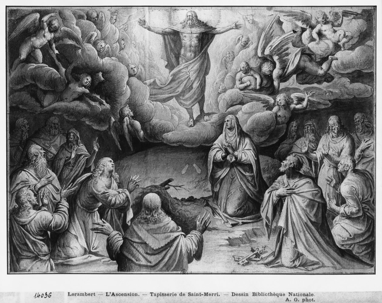 Life of Christ, Ascension, forberedende studie av billedvev tegneserie for Church Saint-Merri i Paris, ca. 1585-90 (pierre noire und wash und white highlights on paper) av Henri Lerambert