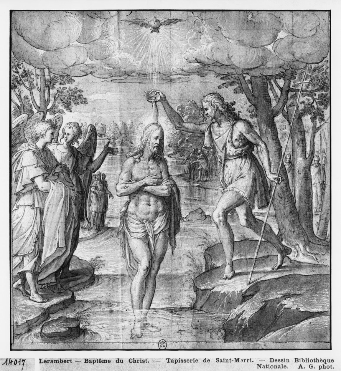 Life of Christ, Baptism of Christ, forberedende studie av billedvev tegneserie for kirken Saint-Merri i Paris, ca. 1585-90 (pierre noire und wash und white highlights on paper) av Henri Lerambert