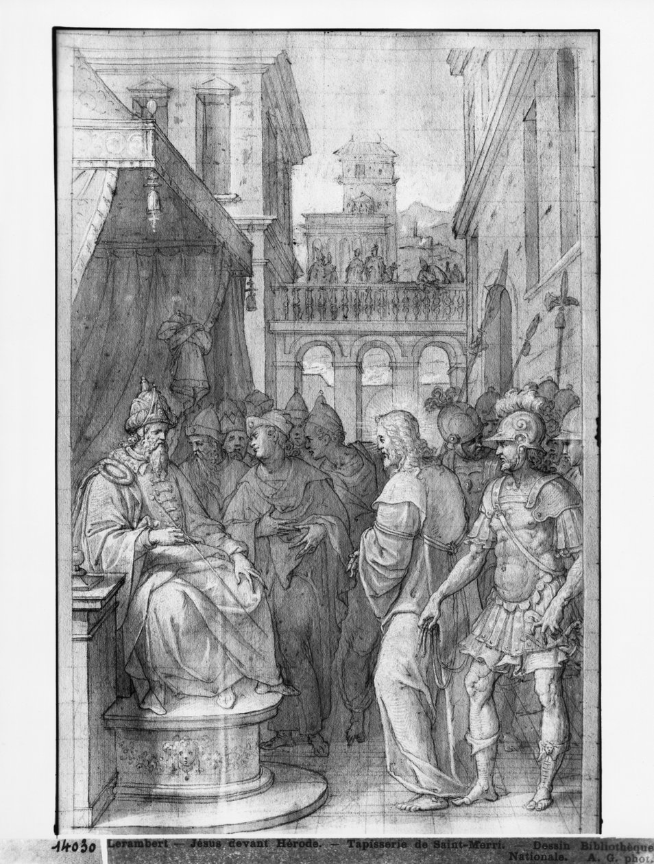 Life of Christ, Christ before Herodes, forberedende studie av billedvev tegneserie for kirken Saint-Merri i Paris, ca. 1585-90 (pierre noire und wash und white highlights on paper) av Henri Lerambert