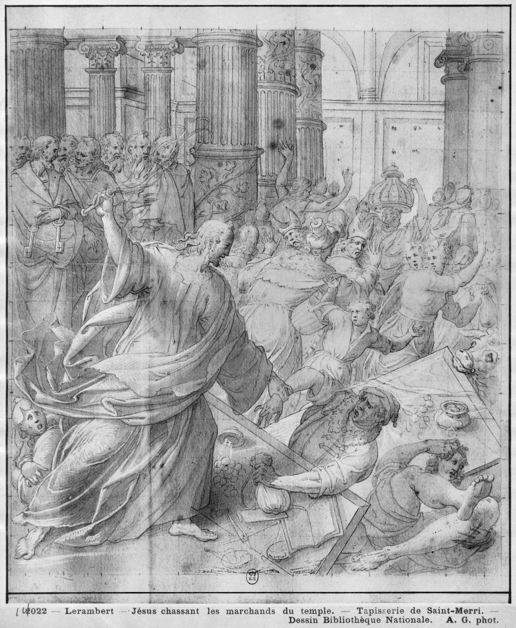 Life of Christ, Jesus jager kjøpmennene fra tempelet, forberedende studie av billedvev tegneserie for kirken Saint-Merri i Paris, ca. 1585-90 (pierre noire und wash und white highlights on paper) av Henri Lerambert