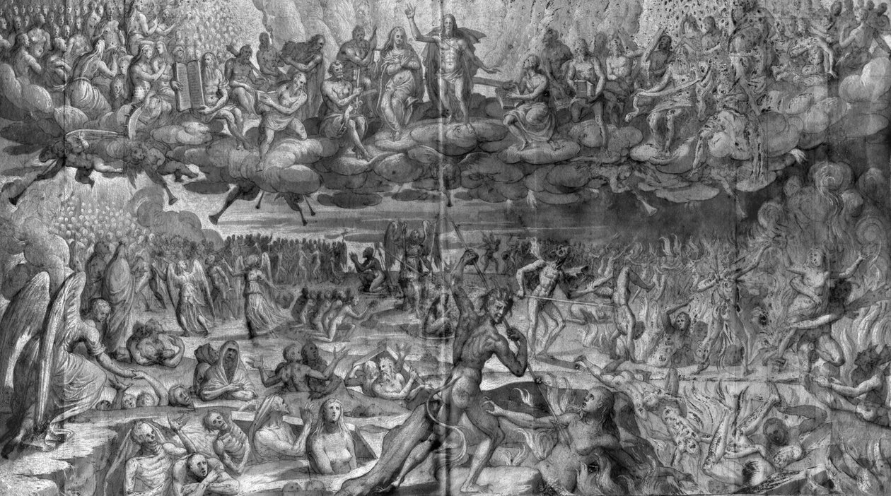 Life of Christ, Last Judgement, forberedende studie av billedvev tegneserie for Church Saint-Merri i Paris, ca. 1585-90 (pierre noire und wash und white highlights on paper) av Henri Lerambert