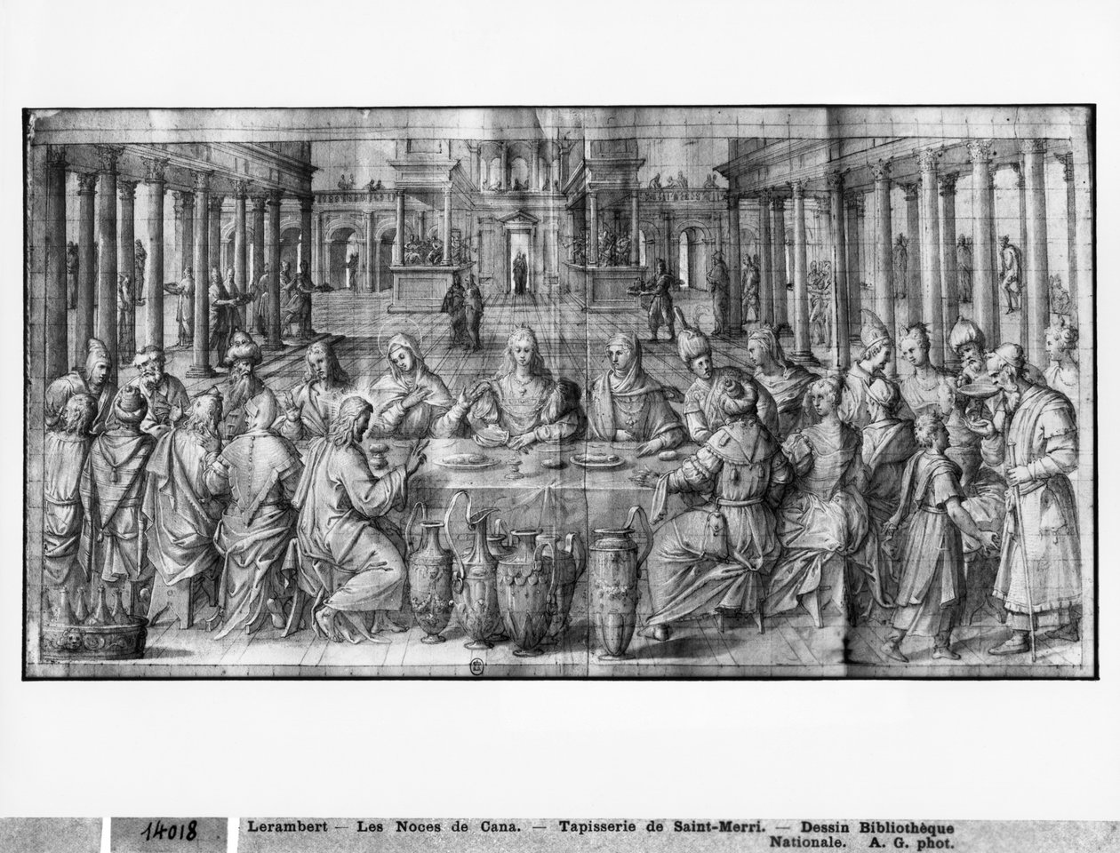 Life of Christ, Marriage at Cana, forberedende studie av billedvev tegneserie for Church Saint-Merri i Paris, ca. 1585-90 (pierre noire und wash und white highlights on paper) av Henri Lerambert