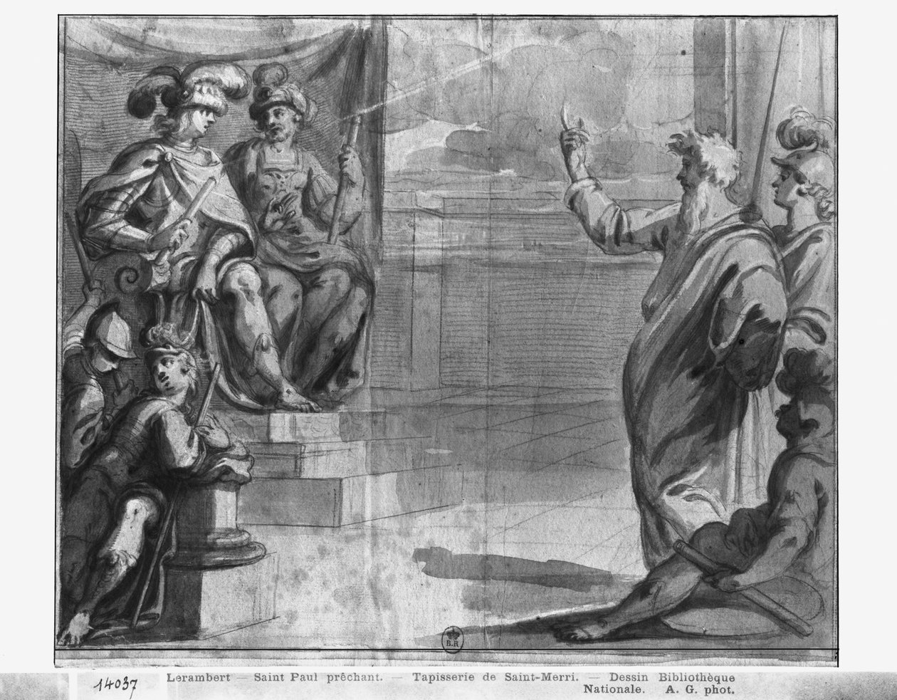 Life of Christ, St. Paul forkynnelse, forberedende studie av billedvev tegneserie for kirken Saint-Merri i Paris, ca. 1585-90 (pierre noire und wash und white highlights on paper) av Henri Lerambert