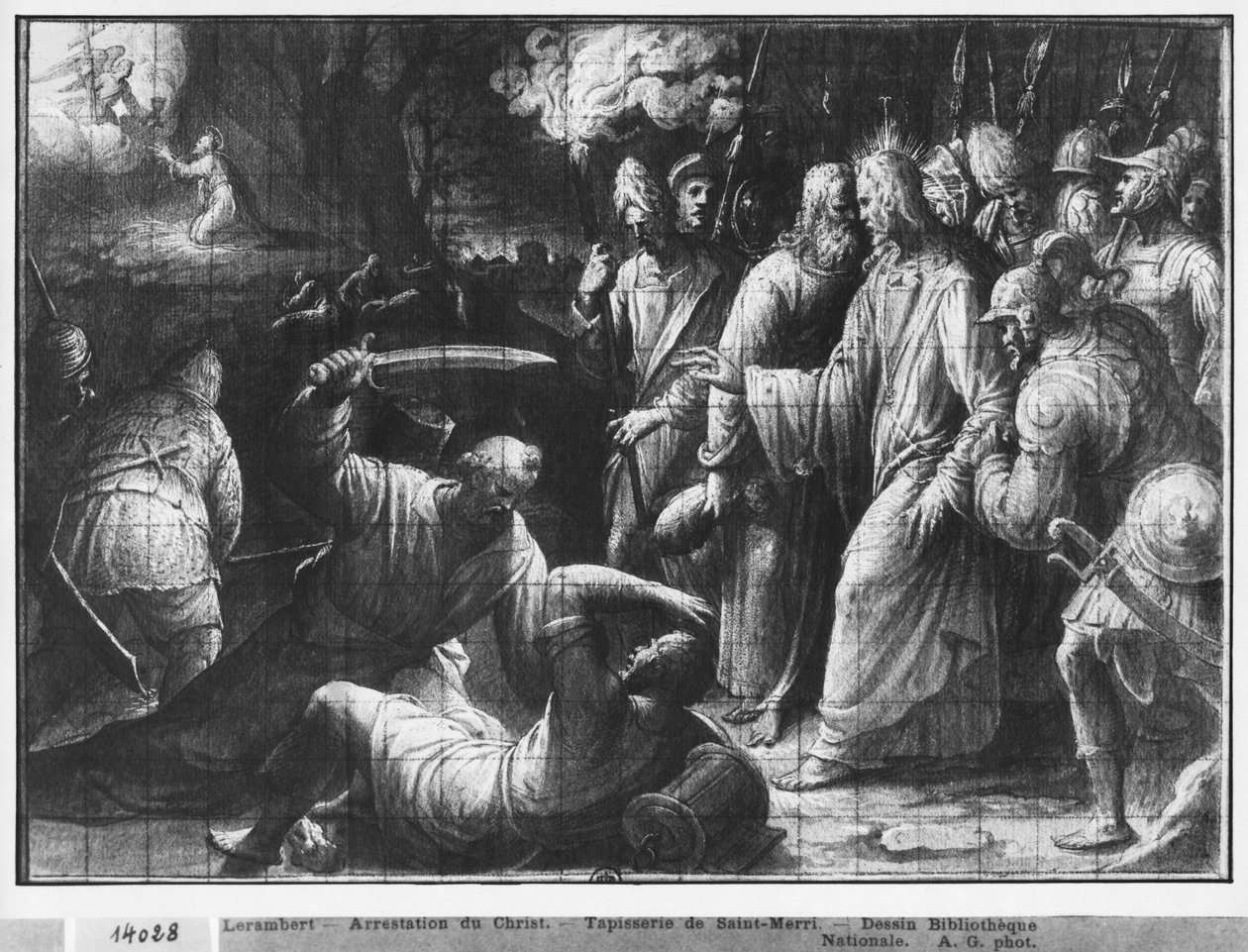 Life of Christ, the Arrest of Christ, forberedende studie av billedvev tegneserie for Church Saint-Merri i Paris, ca. 1585-90 (pierre noire und wash und white highlights on paper) av Henri Lerambert
